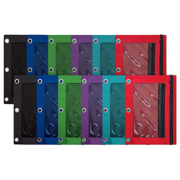 Better Office Products 3 Ring Pencil Pouch For 3-Ring Binders, Mesh Window, 2 Compartments, Assorted Colors, 12PK 80712 - main